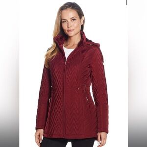 Gallery New York Burgundy Multi Quilted Fur Trim Hood Jacket - Size Small